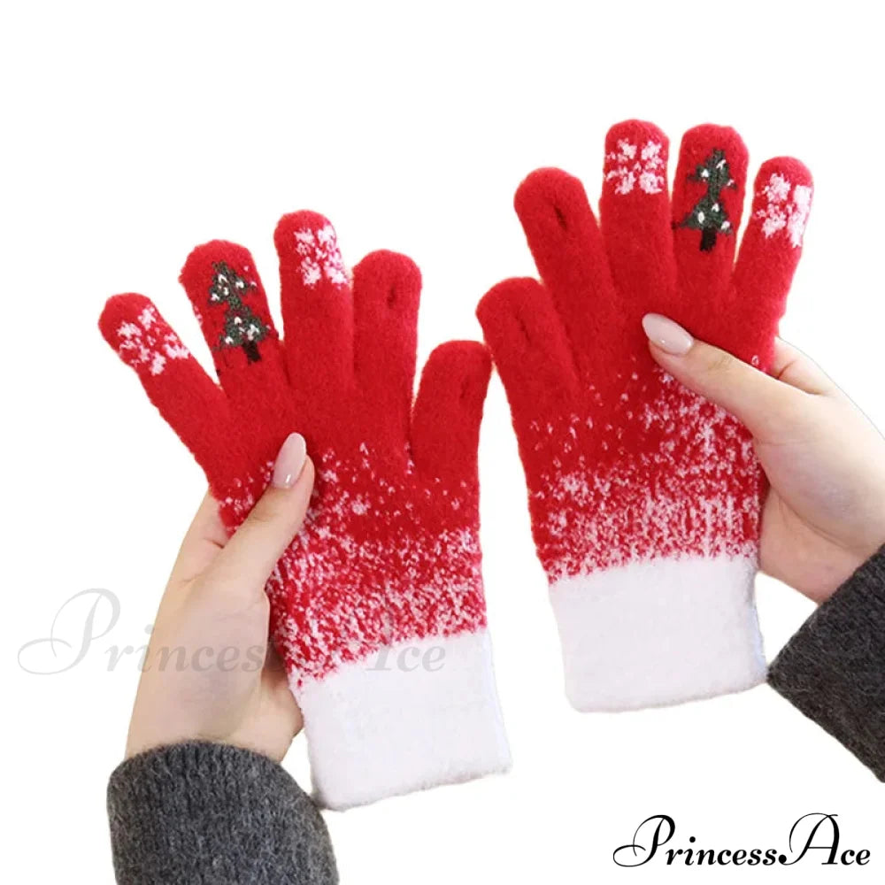 Christmas Tree Knit Full Finger Skiing Touchscreen Winter Glove Red / M Gloves-L