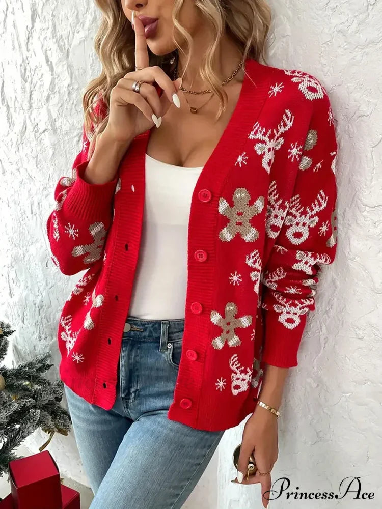 Christmas V-Neck Elk Print Cardigan Cardigan-241208