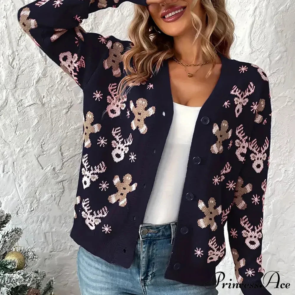 Christmas V-Neck Elk Print Cardigan Cardigan-241208