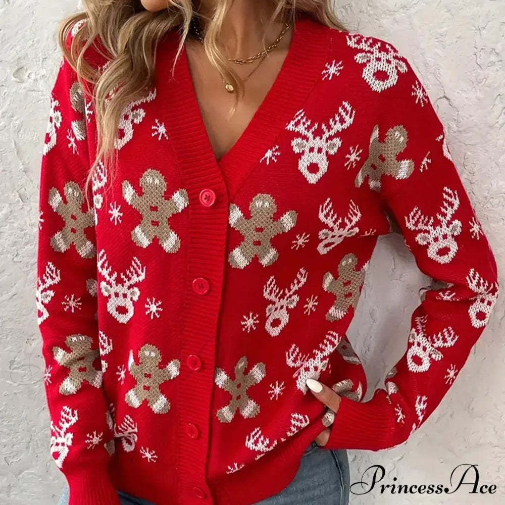 Christmas V-Neck Elk Print Cardigan Cardigan-241208