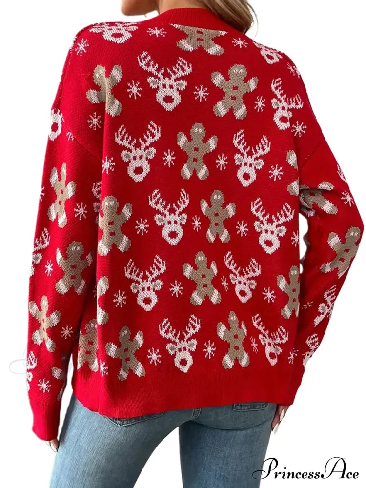 Christmas V-Neck Elk Print Cardigan Cardigan-241208