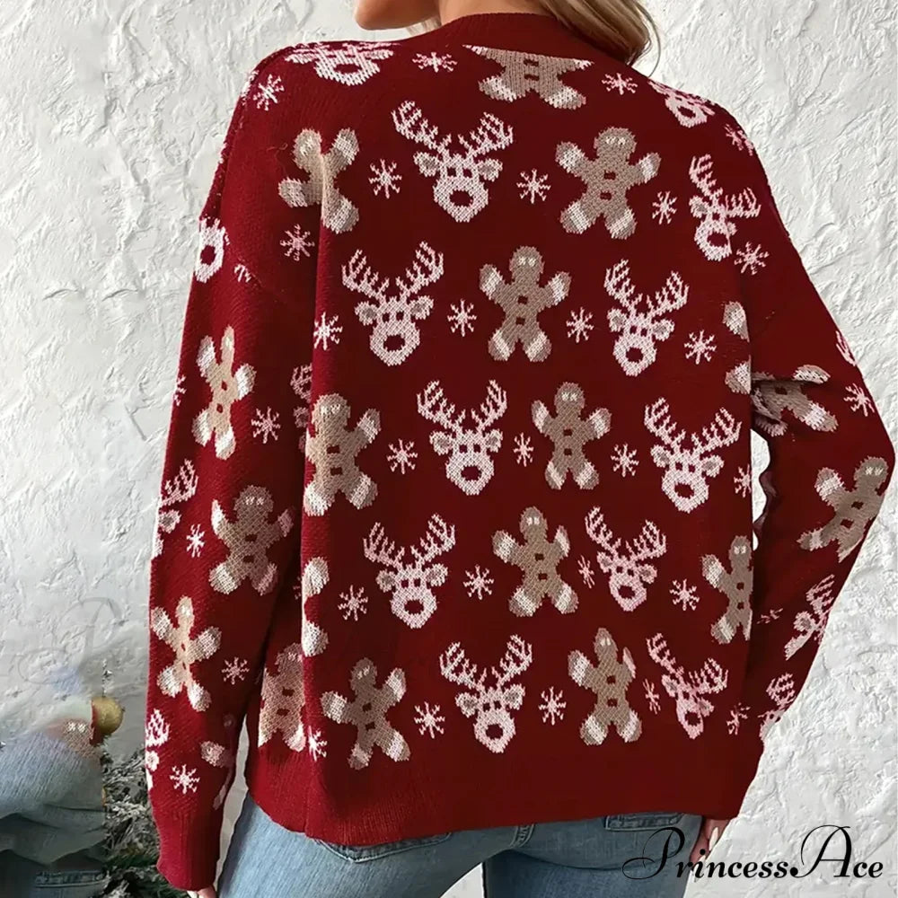 Christmas V-Neck Elk Print Cardigan Cardigan-241208