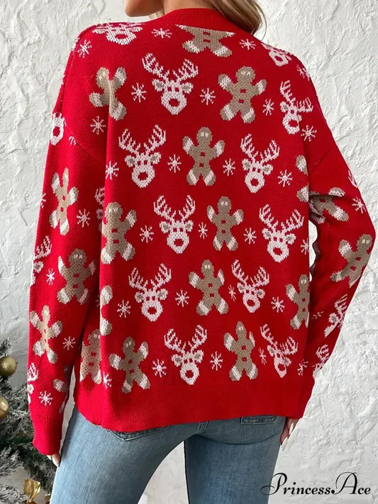 Christmas V-Neck Elk Print Cardigan Cardigan-241208