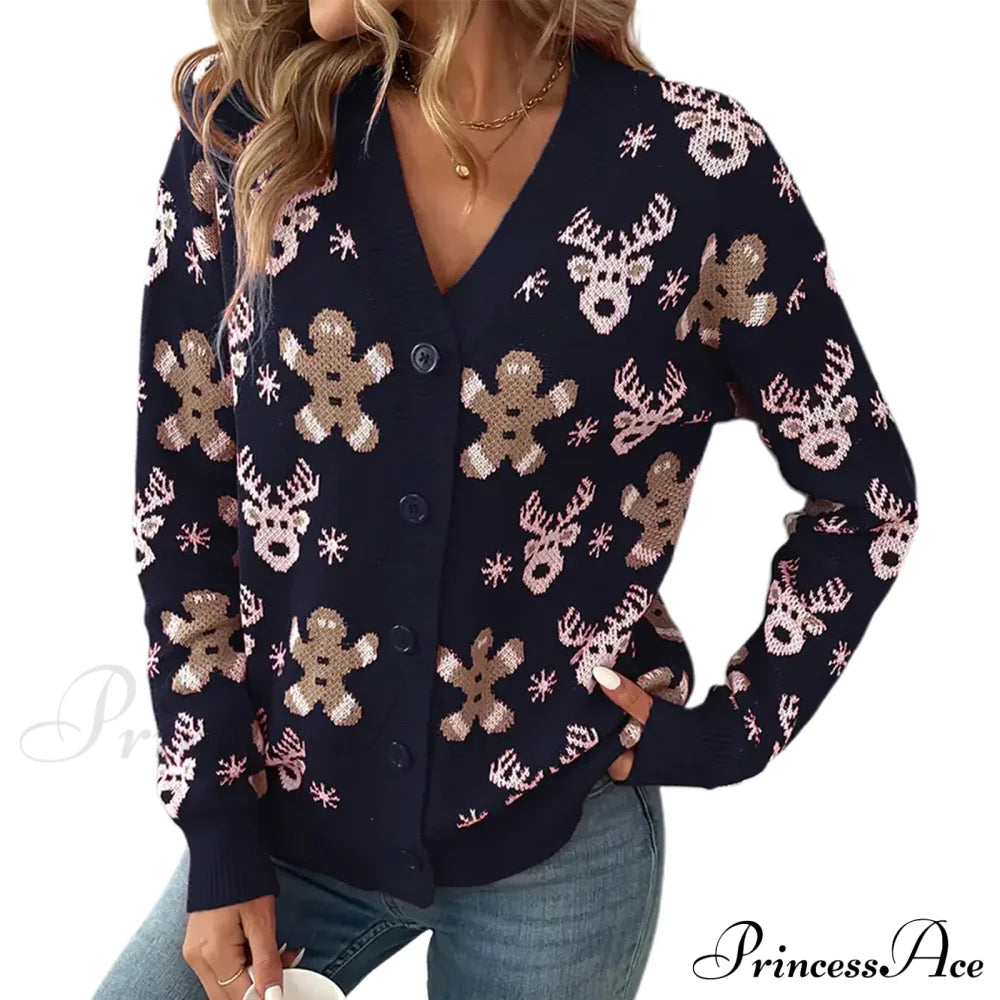 Christmas V-Neck Elk Print Cardigan Blue / S Cardigan-241208