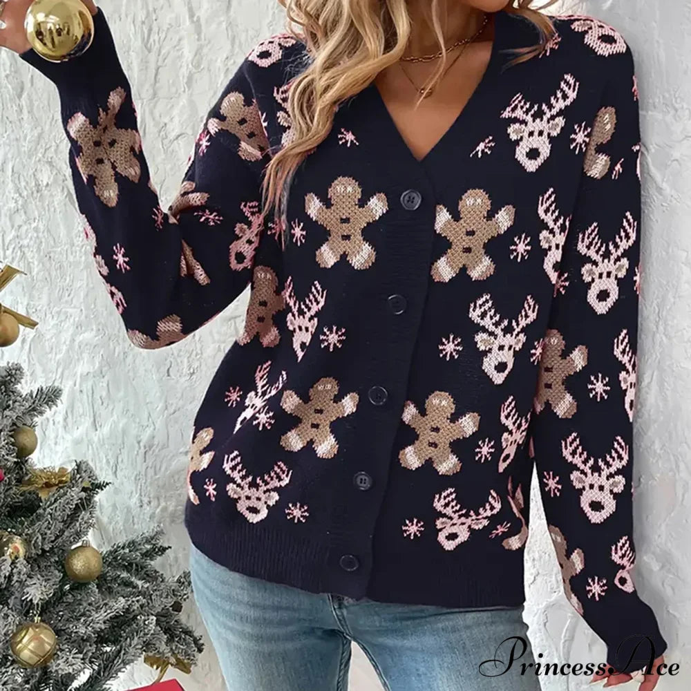 Christmas V-Neck Elk Print Cardigan Blue / S Cardigan-241208