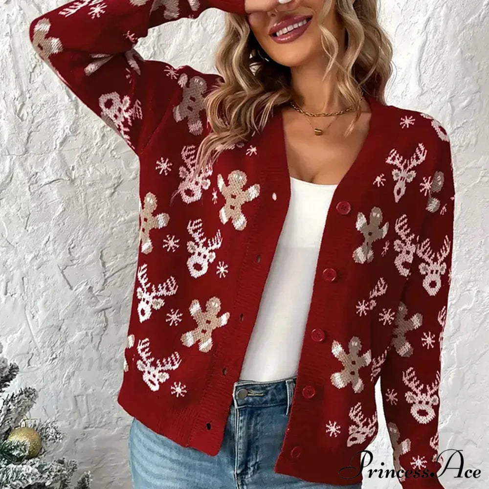 Christmas V-Neck Elk Print Cardigan Burgundy / S Cardigan-241208