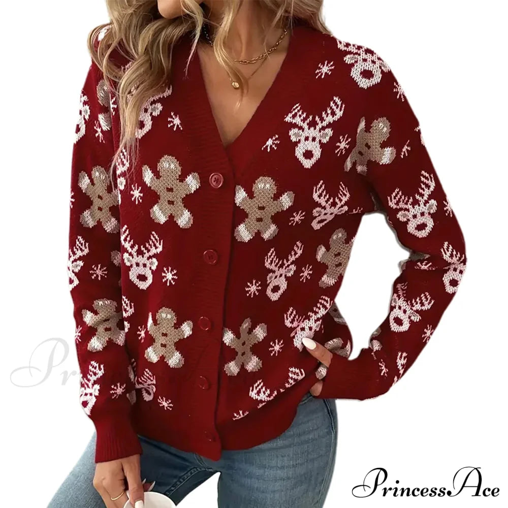 Christmas V-Neck Elk Print Cardigan Burgundy / S Cardigan-241208