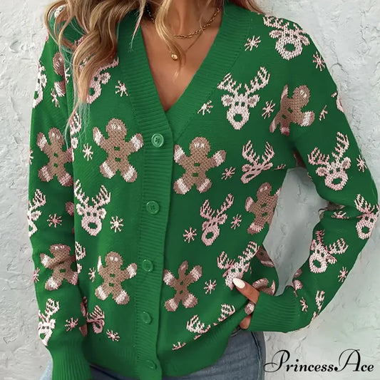 Christmas V-Neck Elk Print Cardigan Green / S Cardigan-241208