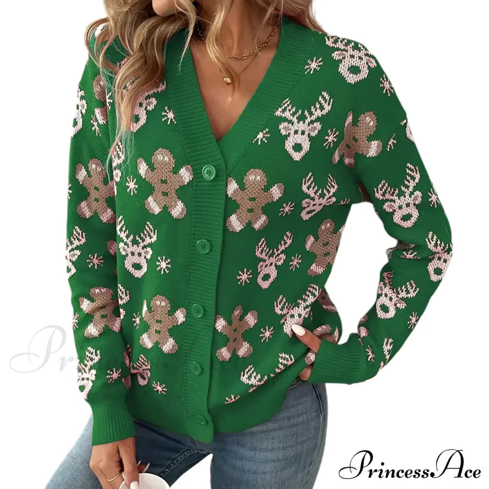 Christmas V-Neck Elk Print Cardigan Green / S Cardigan-241208