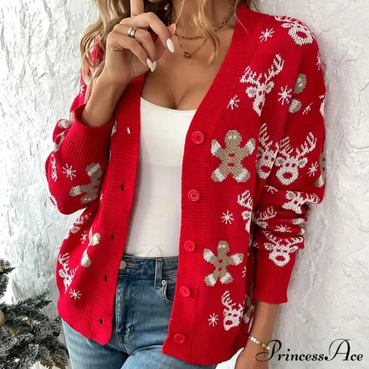 Christmas V-Neck Elk Print Cardigan Red / S Cardigan-241208