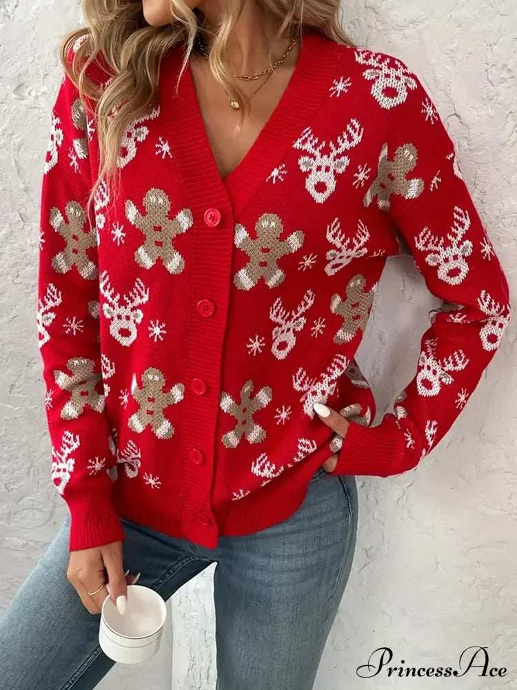 Christmas V-Neck Elk Print Cardigan Red / S Cardigan-241208