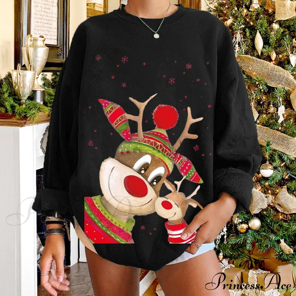 Christmas Women Elk Print Sweaters Black / S Sweaters-L