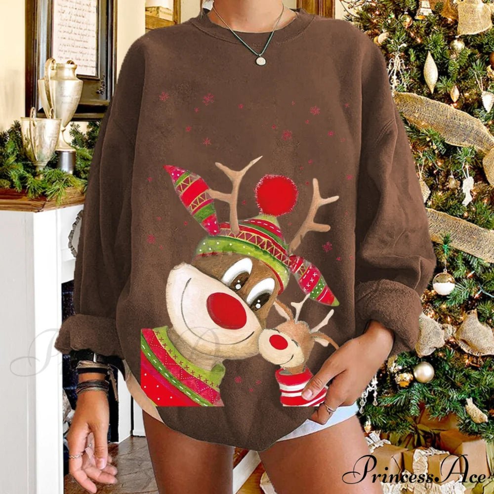 Christmas Women Elk Print Sweaters Dark Brown / S Sweaters-L