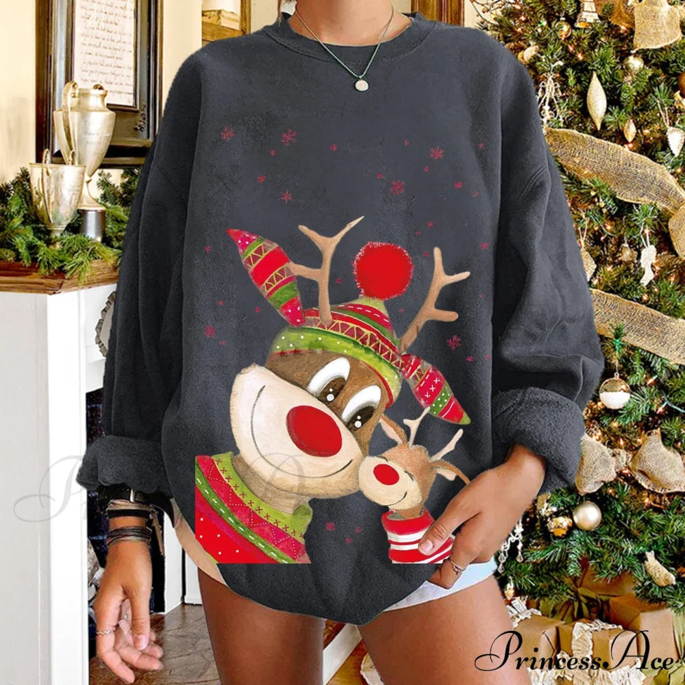 Christmas Women Elk Print Sweaters Dark Grey / S Sweaters-L