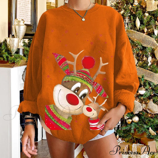 Christmas Women Elk Print Sweaters Orange / S Sweaters-L