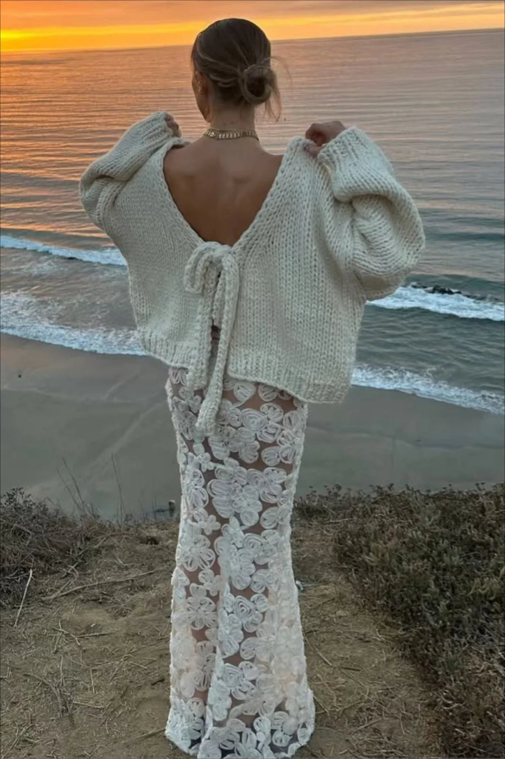 Chunk Knit Bow Tie Strap Reversible Sweater