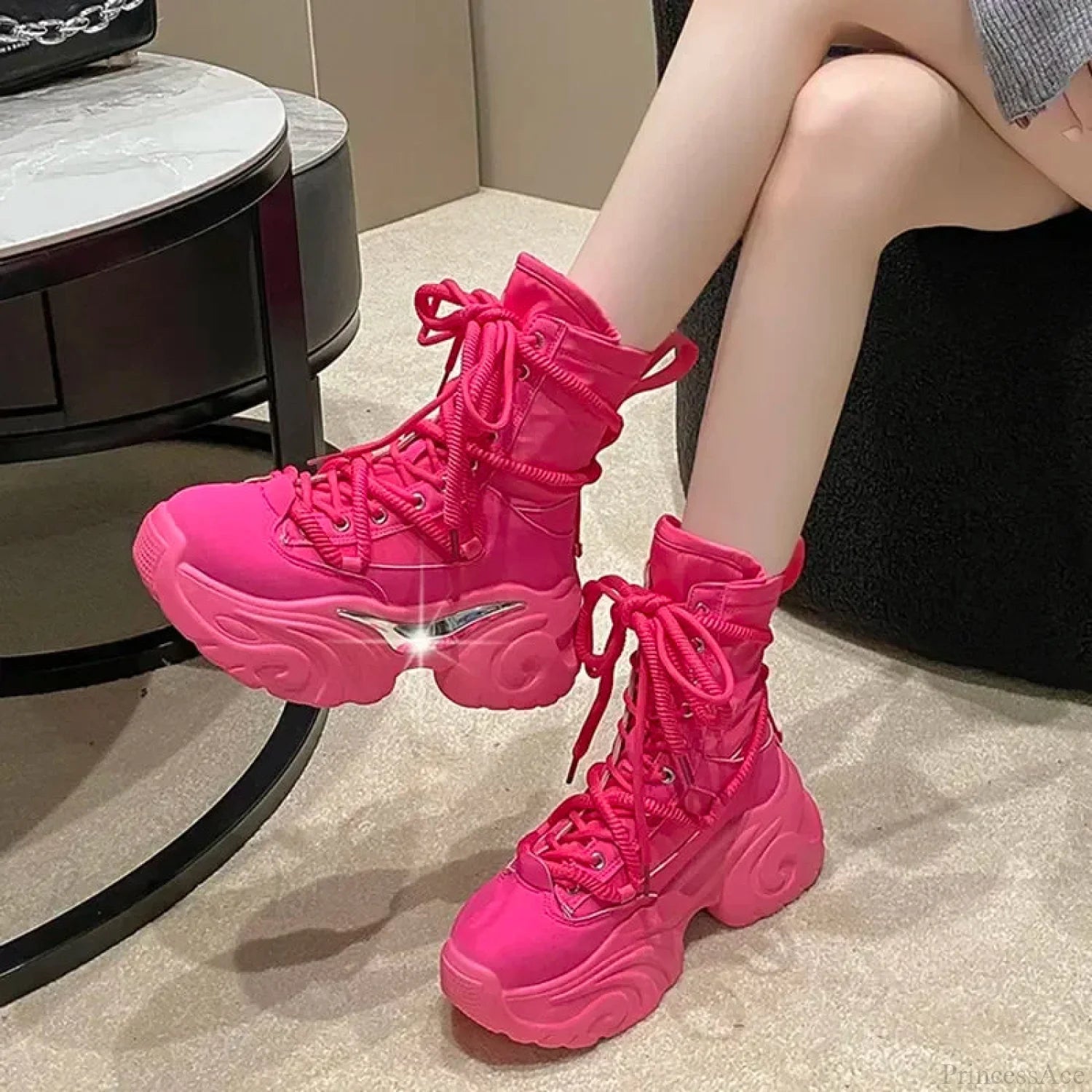 Chunky Elevated Lace Up Rebel Gothic Boot Rosy Red / 35