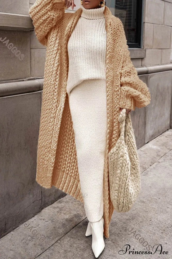 Chunky Knit Cardigan With Openwork Design Khaki / S Cardigans