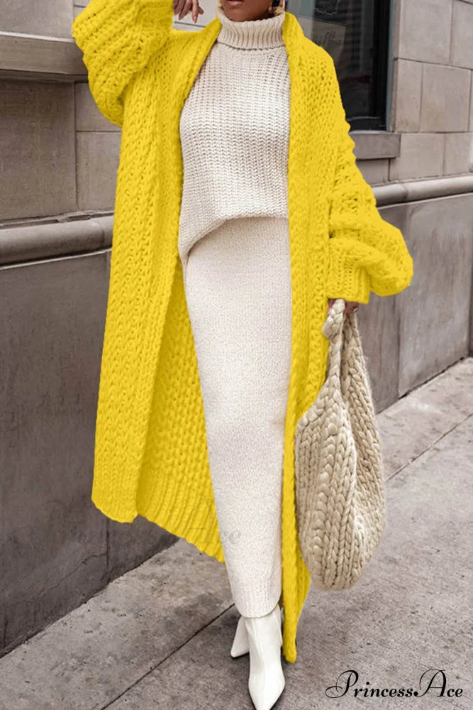 Chunky Knit Cardigan With Openwork Design Yellow / S Cardigans