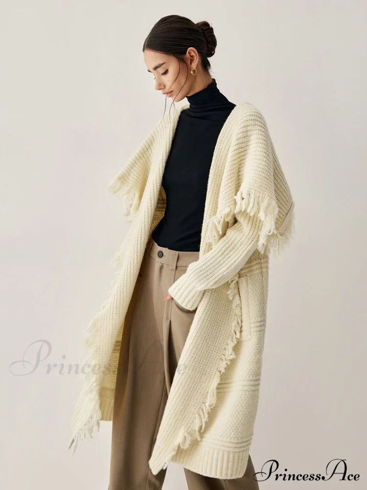 Chunky Knit Tassel Trendy Hem Poncho Cardigan Sweaters-L