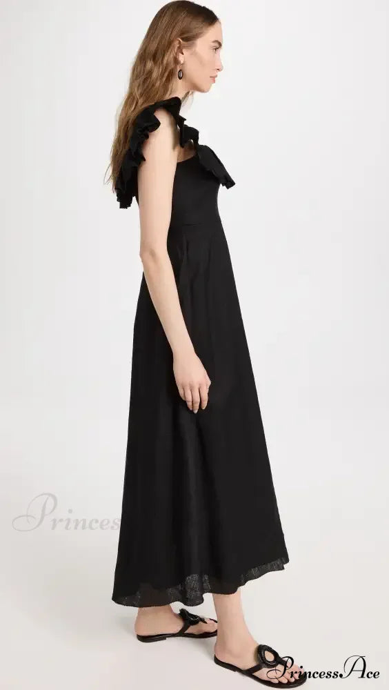 Cira Ruffle Stylish Neck Long Dress 16 Days / 0 Xs Black