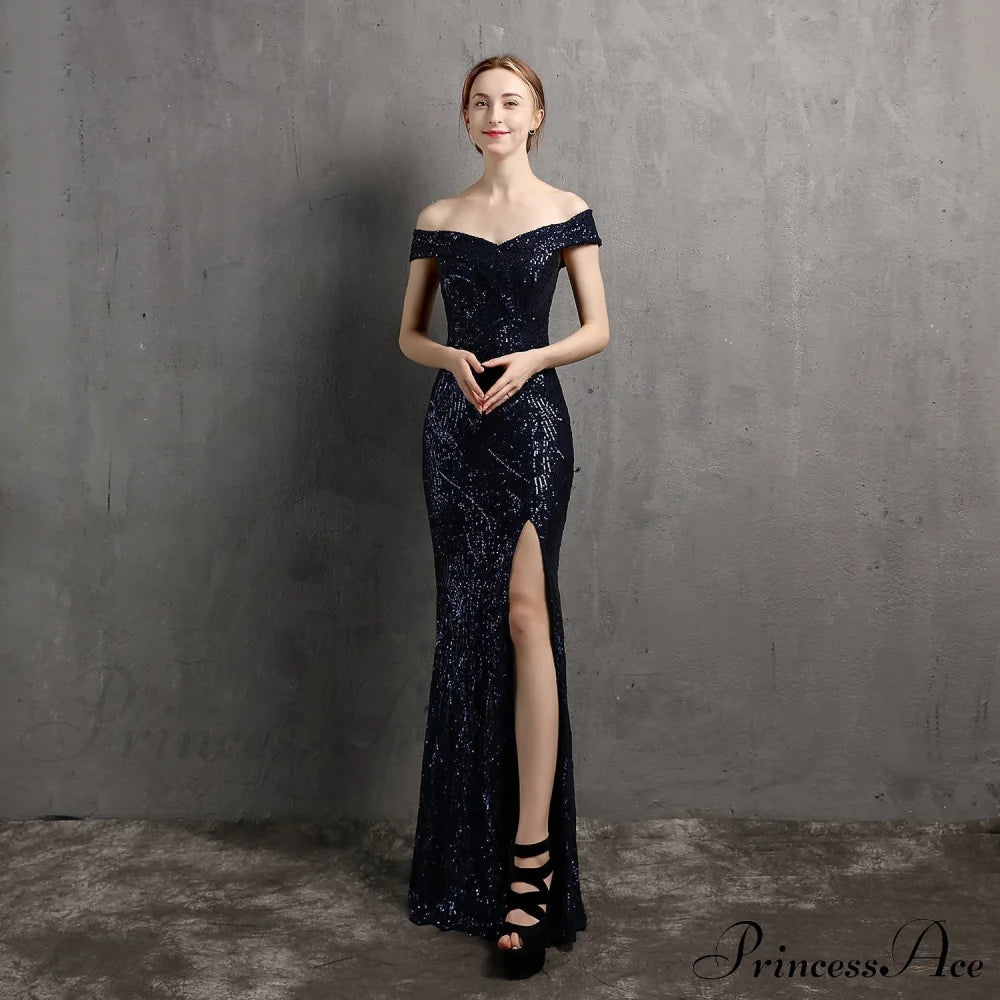 Clara Glitter Off the Shoulder Split Dress For Prom - Lady Occasions