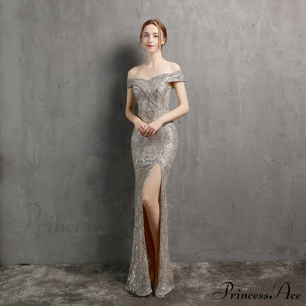 Clara Glitter Off the Shoulder Split Dress For Prom - Lady Occasions