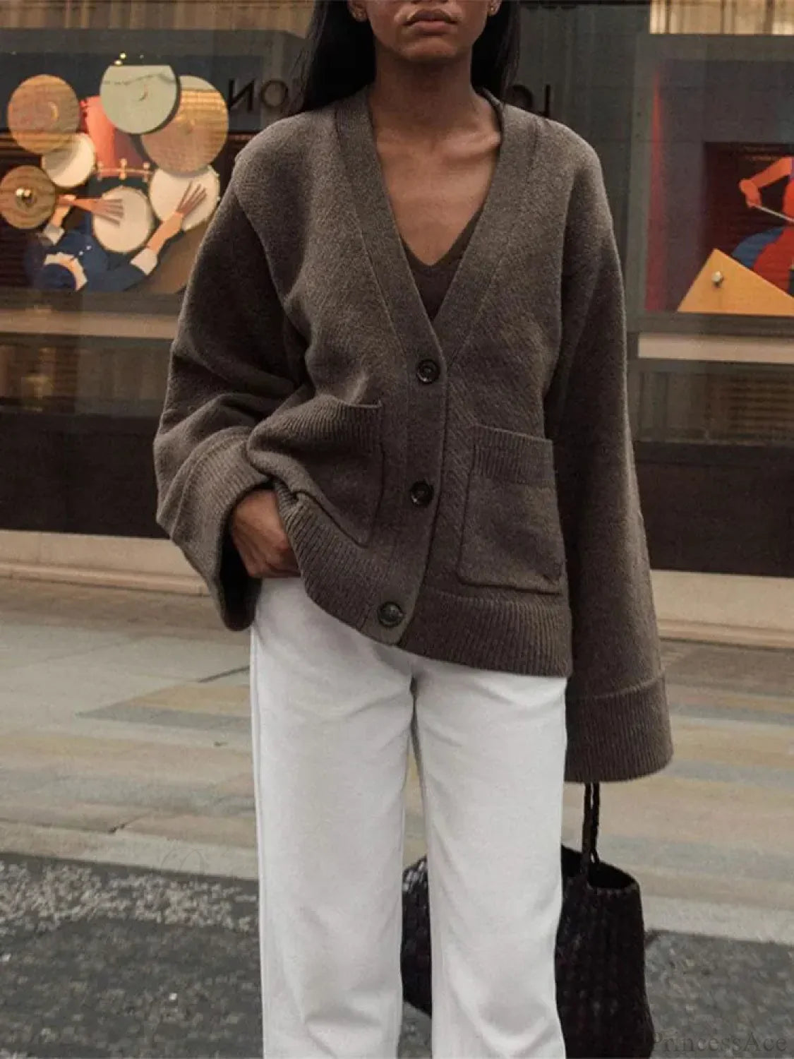 Classic Solid Pocket V-Neck Single-Breasted Cardigan Brown / S cardiagn-250126