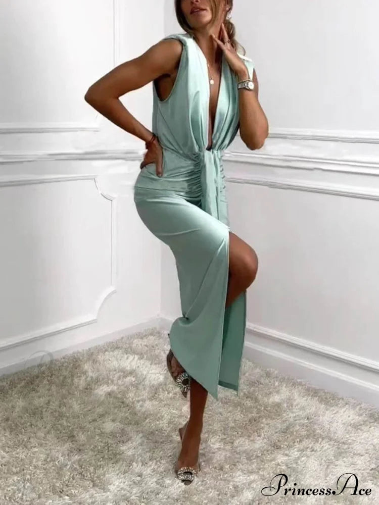 Classic V-Neck Ruched Charming Drape Slit Midi Dress Dresses