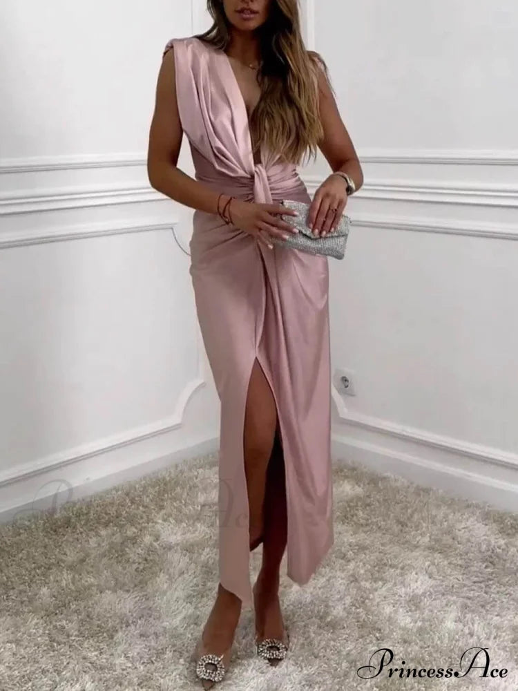 Classic V-Neck Ruched Charming Drape Slit Midi Dress Dresses