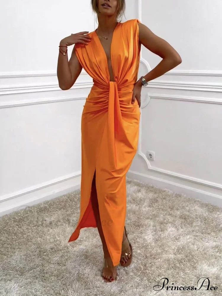 Classic V-Neck Ruched Charming Drape Slit Midi Dress Orange / S Dresses