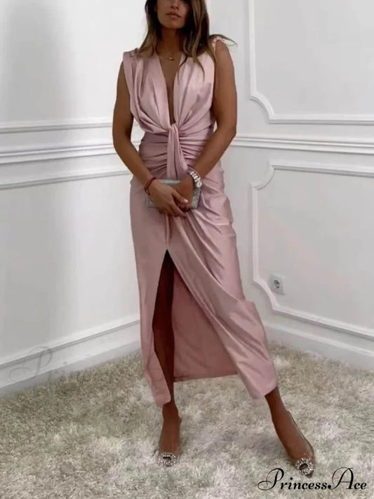 Classic V-Neck Ruched Charming Drape Slit Midi Dress Pink / S Dresses