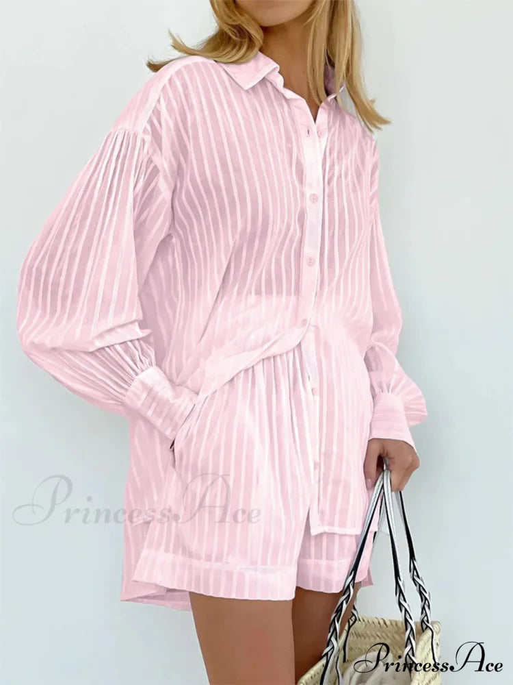 Cloud Nine Pinstripe See Modern Through Two Piece Shorts Set Pink / Xs Short Sets
