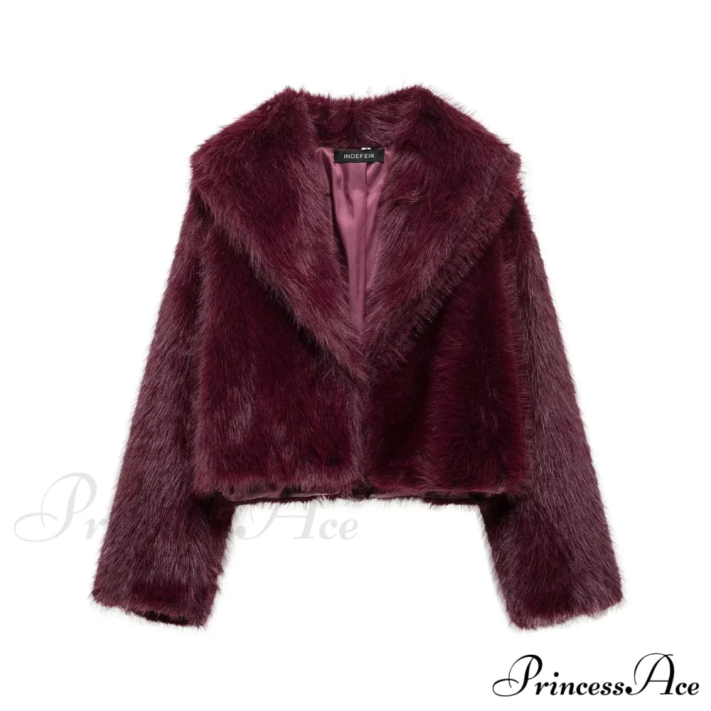 Coffee Fur Lapel Short Coat Deep Red / Xs Coats-241208