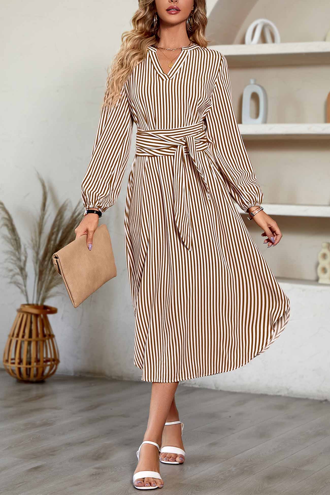 Striped V Neck Tie Waist Long Sleeve Midi Dress