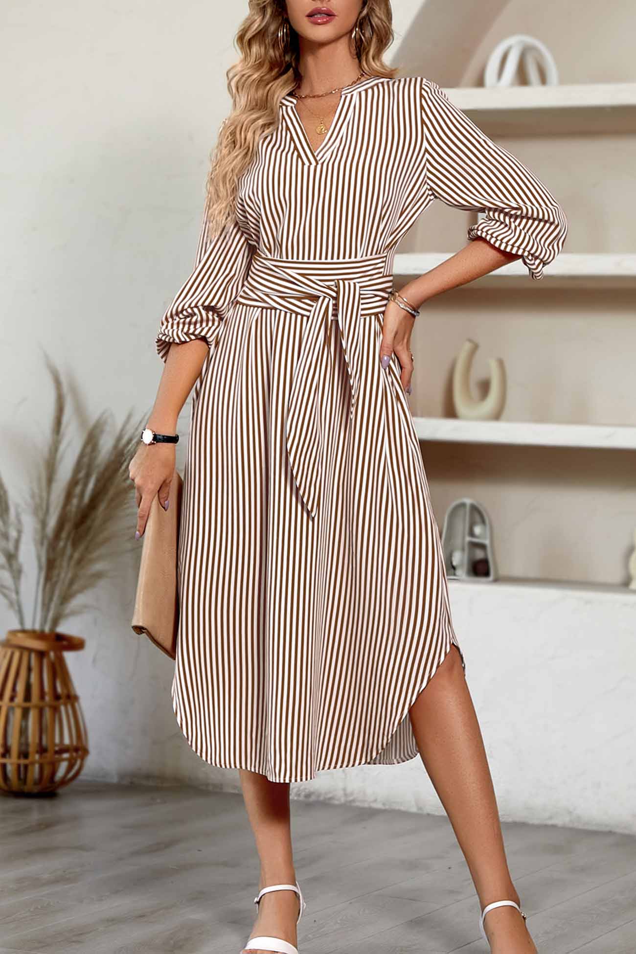 Striped V Neck Tie Waist Long Sleeve Midi Dress