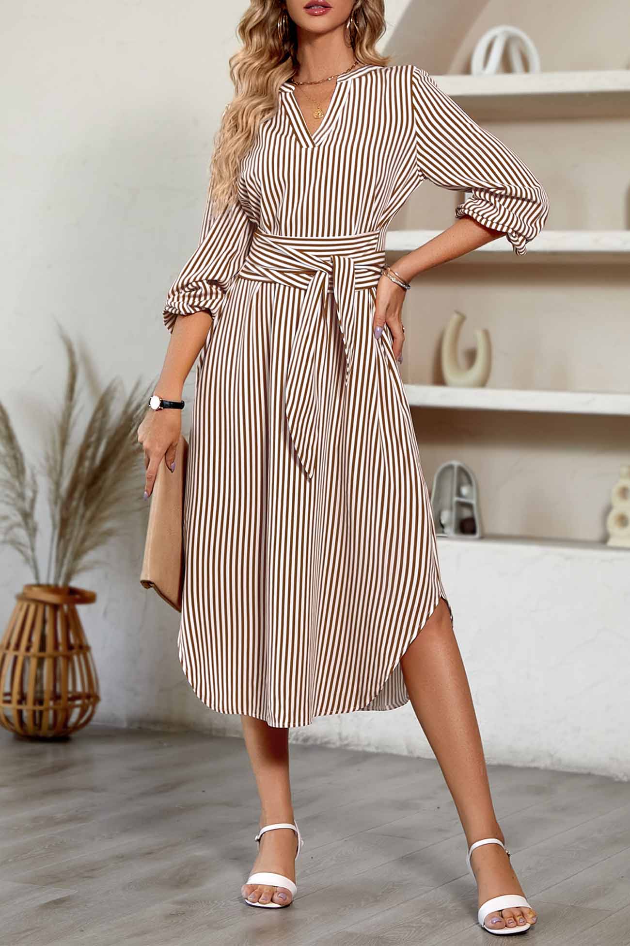 Striped V Neck Tie Waist Long Sleeve Midi Dress