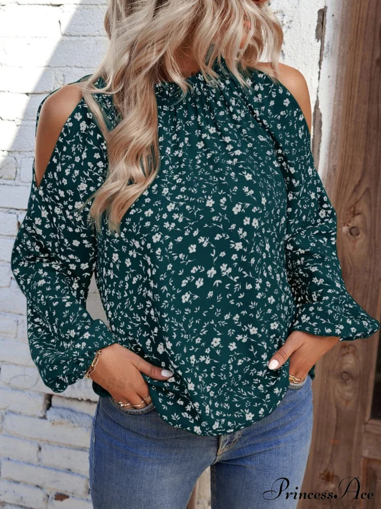 Floral Cold-Shoulder Blouse Green blouse clothes G@S long sleeve shirt Ship From Overseas Shipping Delay 09/29/2023 - 10/04/2023 shirts