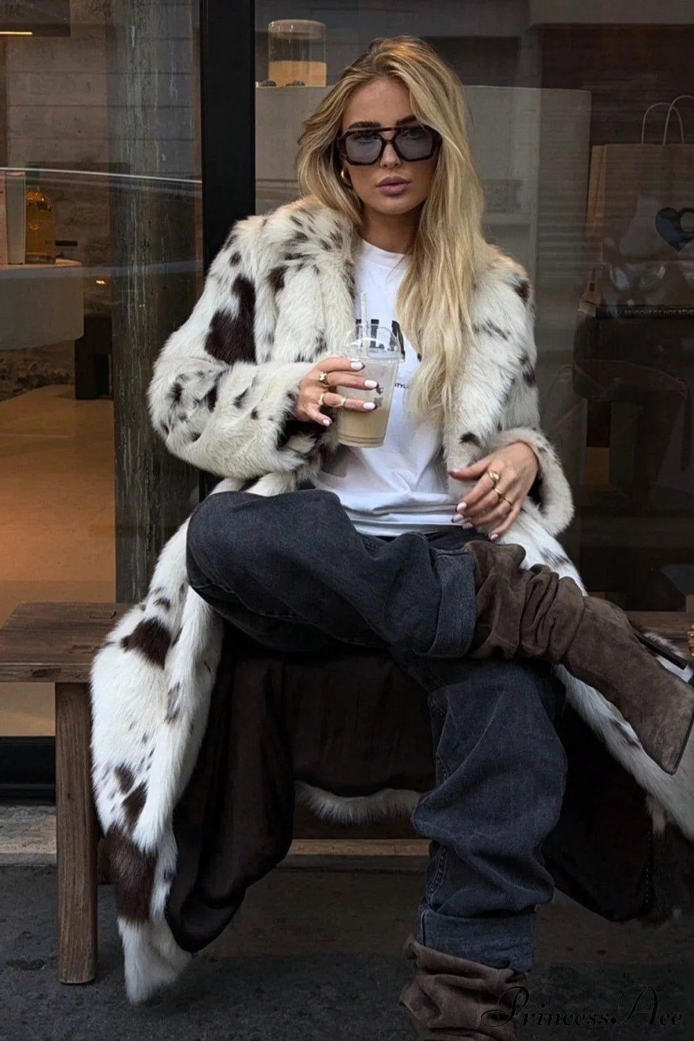 Color Block Animal Print Faux Fur Long Overcoat