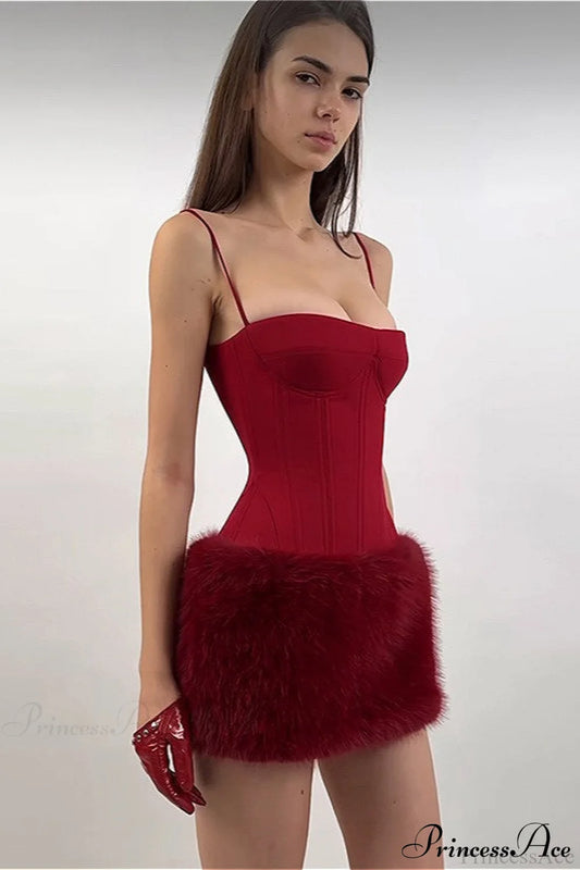 Color Block Faux Fur Spaghetti Strap Corset Party Dress