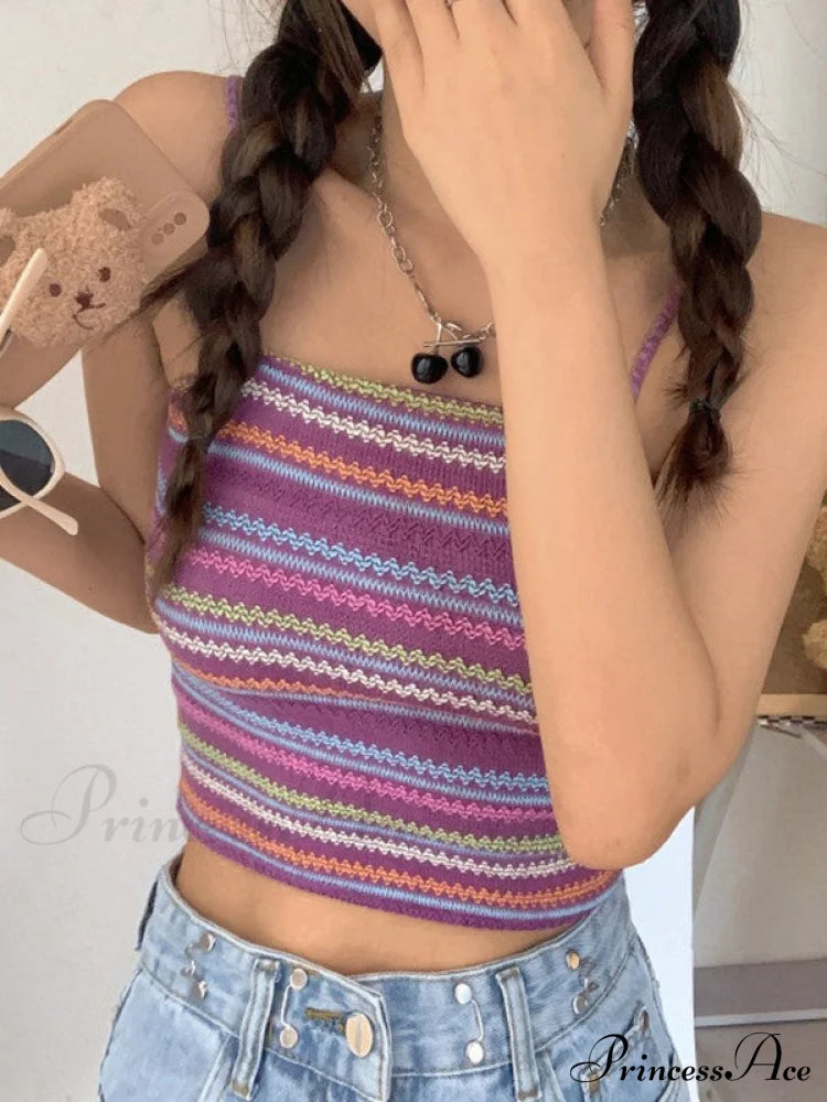 Color Block Graceful Striped Knit Sweater Tank Tops&Camis