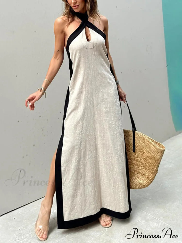 Color Block Halter Charming Neck Slit Maxi Dress Beige / S Dresses