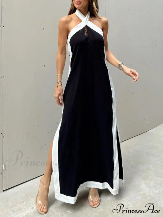 Color Block Halter Charming Neck Slit Maxi Dress Black / S Dresses