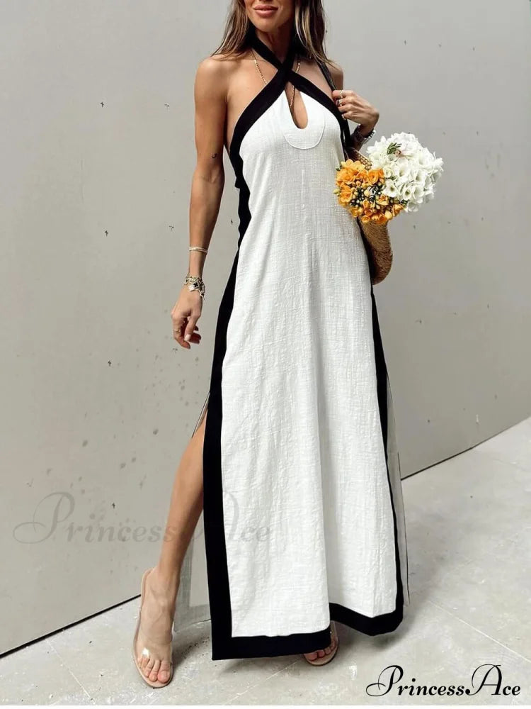 Color Block Halter Charming Neck Slit Maxi Dress White / S Dresses