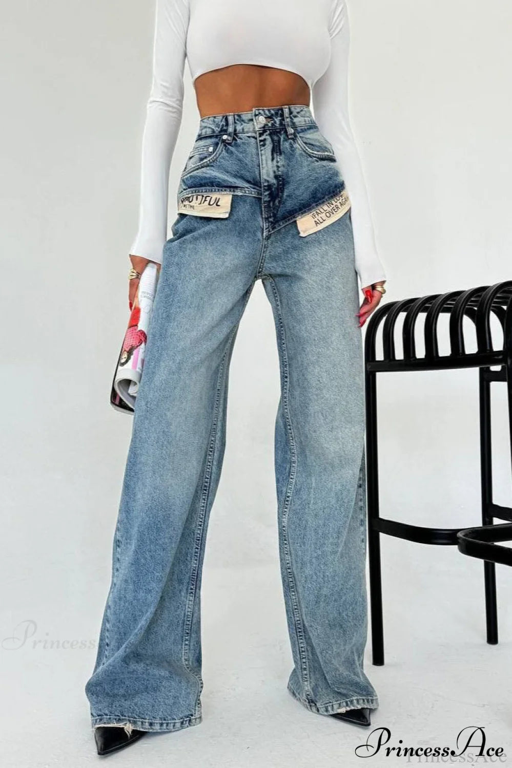 Color Block High Waist Slim Fit Straight Wide Leg Jeans Blue / S