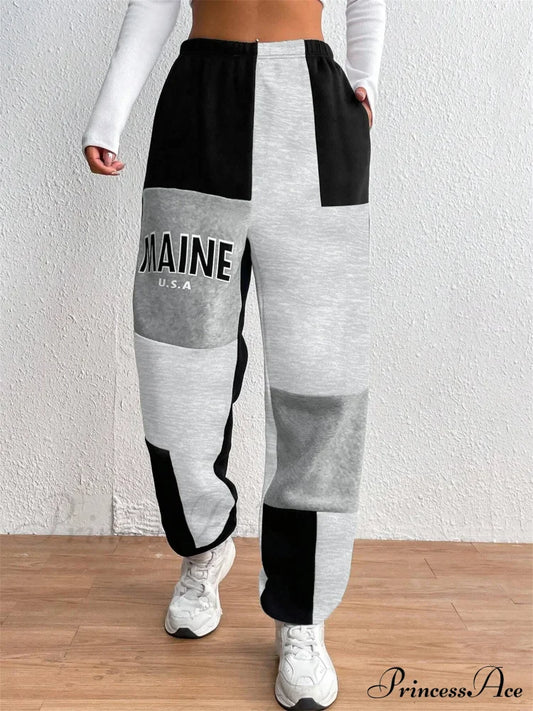 Color Block Jogger Letter Patchwork Print Knitting Casual Slant Pocket Pants