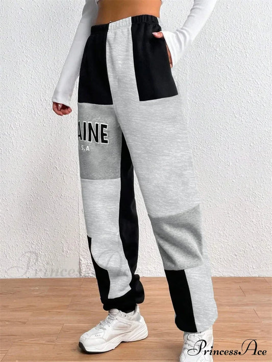 Color Block Jogger Letter Patchwork Print Knitting Casual Slant Pocket Pants Black / S