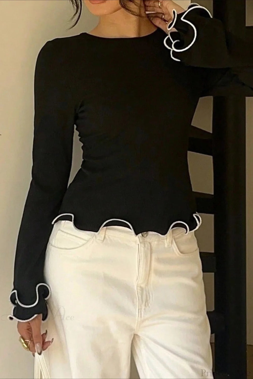 Color Block Ruffle Trim Slim Crew Neck Long Sleeve Tee