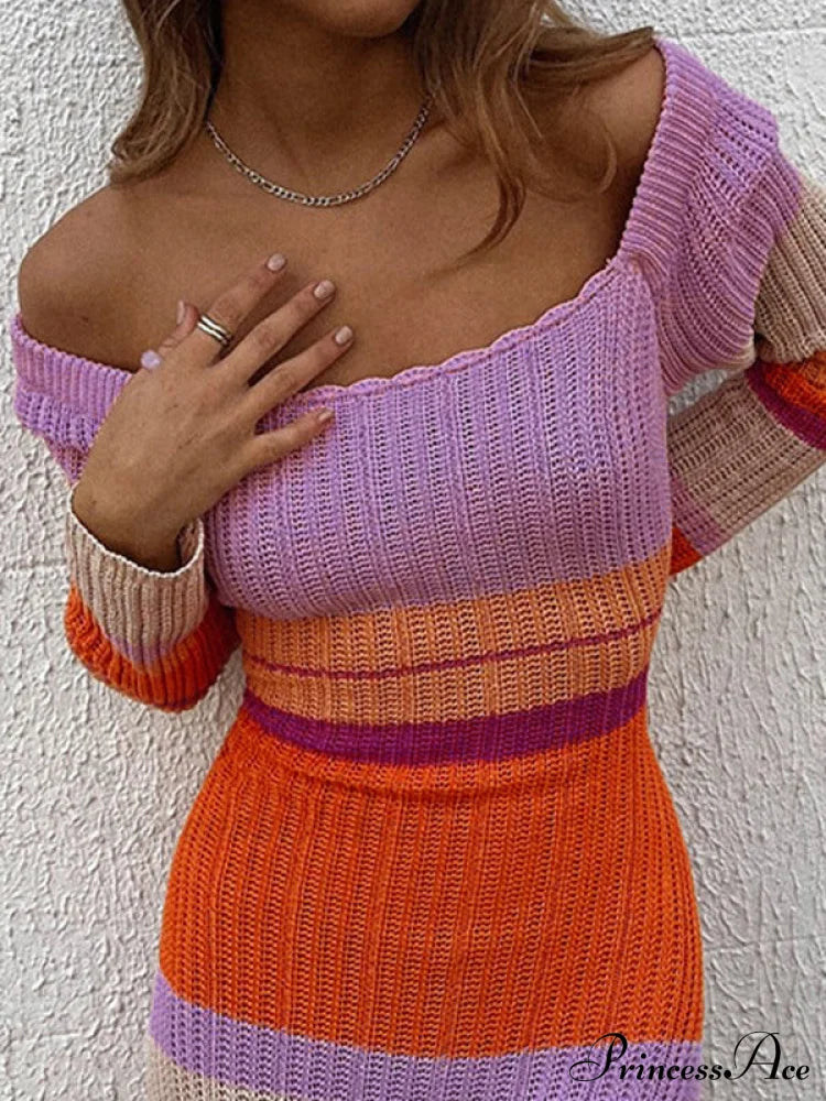 Color Block Stripe Knitted Modern Halter Crop Cami Top Maxi Dresses