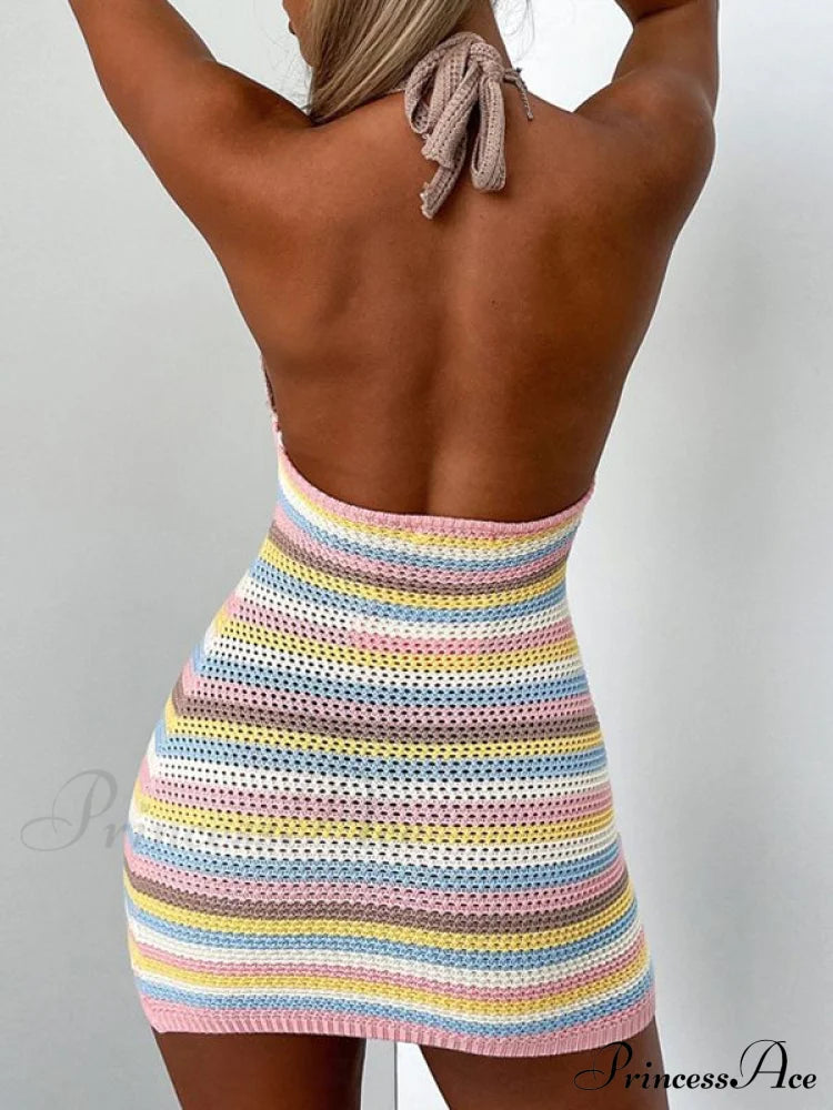 Color Block Stripe Trendy Knitted Maxi Dress Mini Dresses